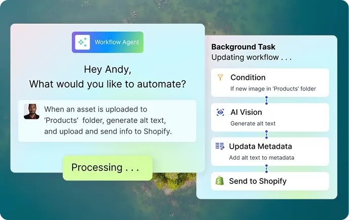 A Workflow Agent turning a plain-language request into an automation that watches a folder, generates alt text with AI vision, writes metadata, and pushes to a commerce platform.