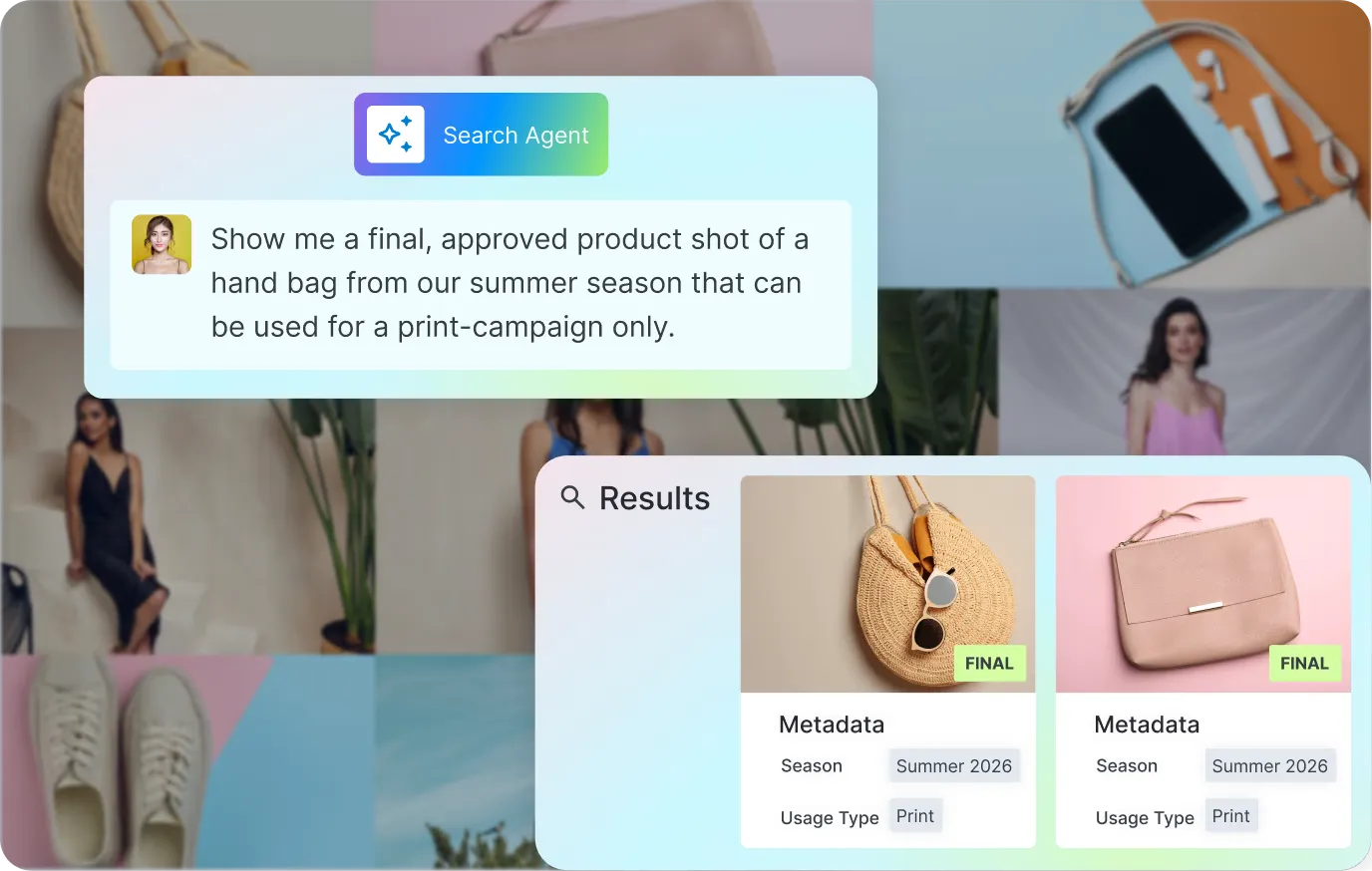 Cloudinary Search Agent answering a plain-language request for approved summer handbag shots, returning two results tagged Final with season and print usage metadata.