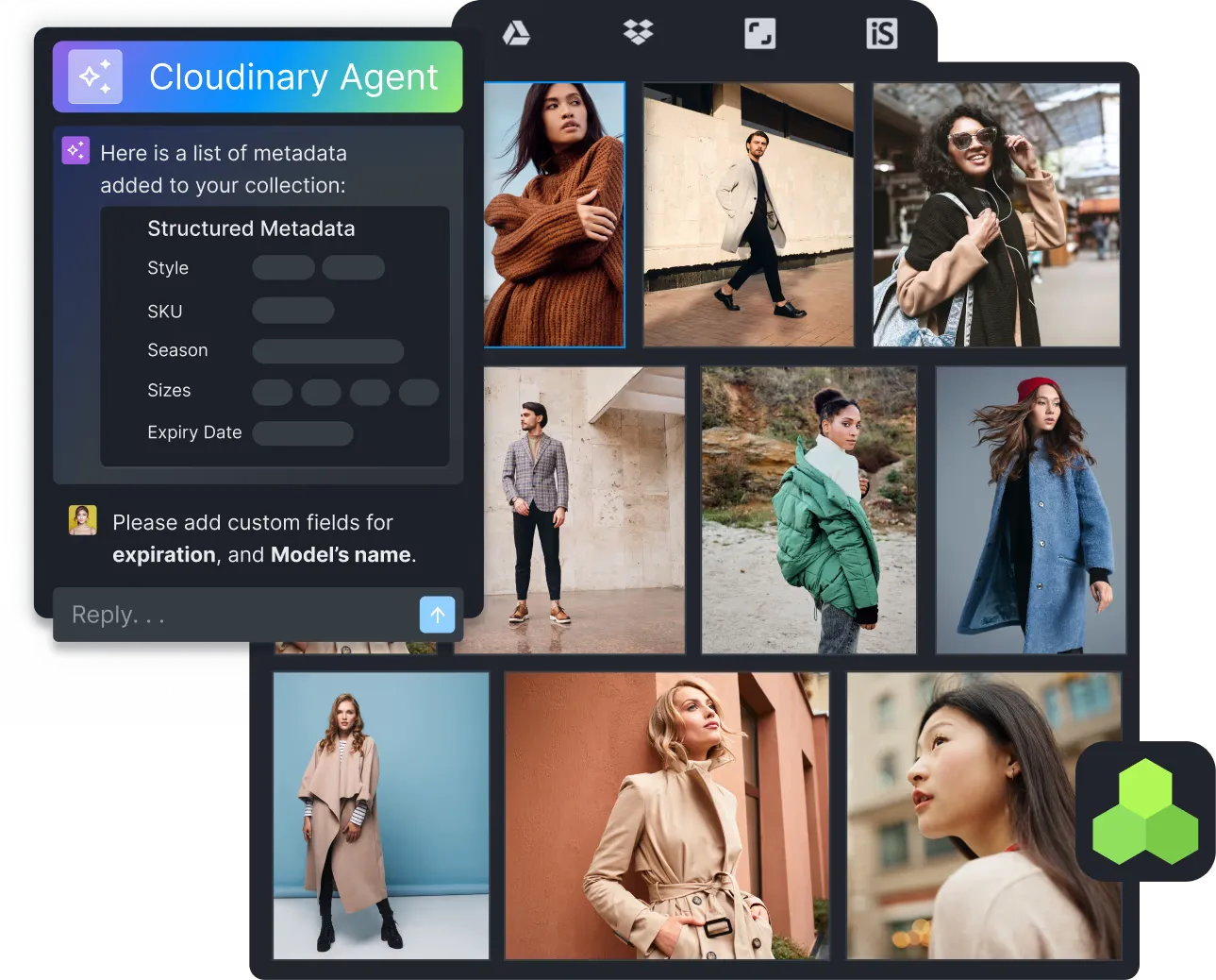 A Cloudinary Agent panel proposing structured metadata fields over a dark asset library of fashion photography, with connected storage and stock sources.
