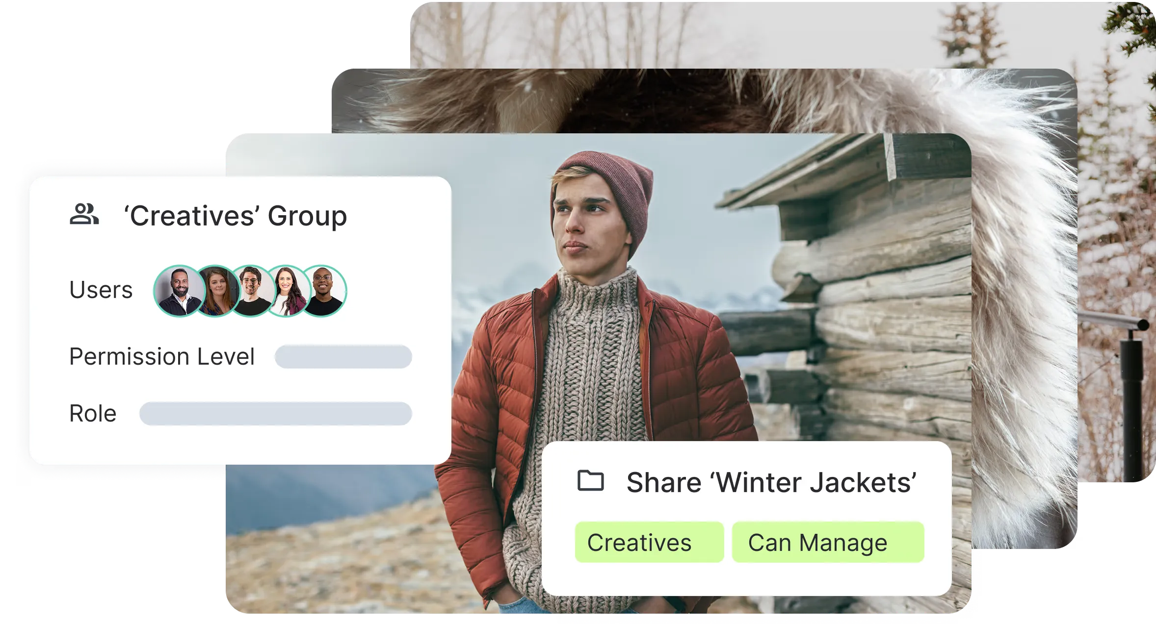 A shared collection of outdoor photography with a group permission panel showing which team can manage the Winter Jackets folder.