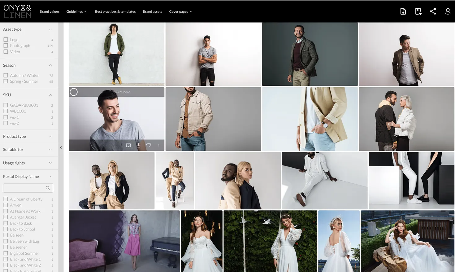 A branded asset portal filtered by asset type, season, SKU, and usage rights, showing a grid of approved fashion photography.