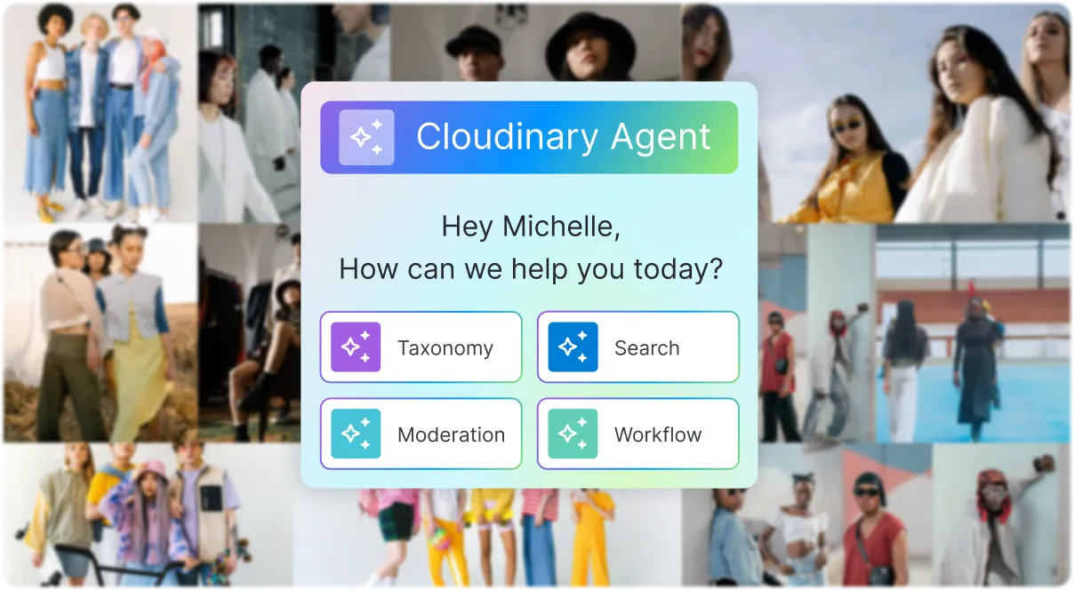 A Cloudinary Agent panel over a grid of fashion imagery, offering Taxonomy, Search, Moderation, and Workflow agents.