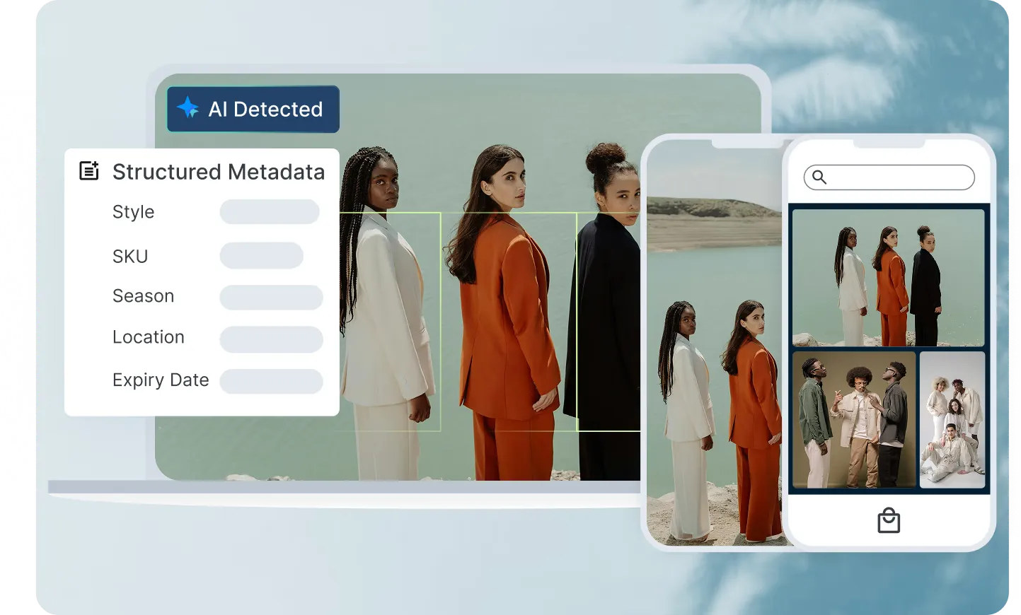 AI-detected structured metadata — style, SKU, season, location, expiry date — attached to a product shoot and rendered on both desktop and a mobile storefront.