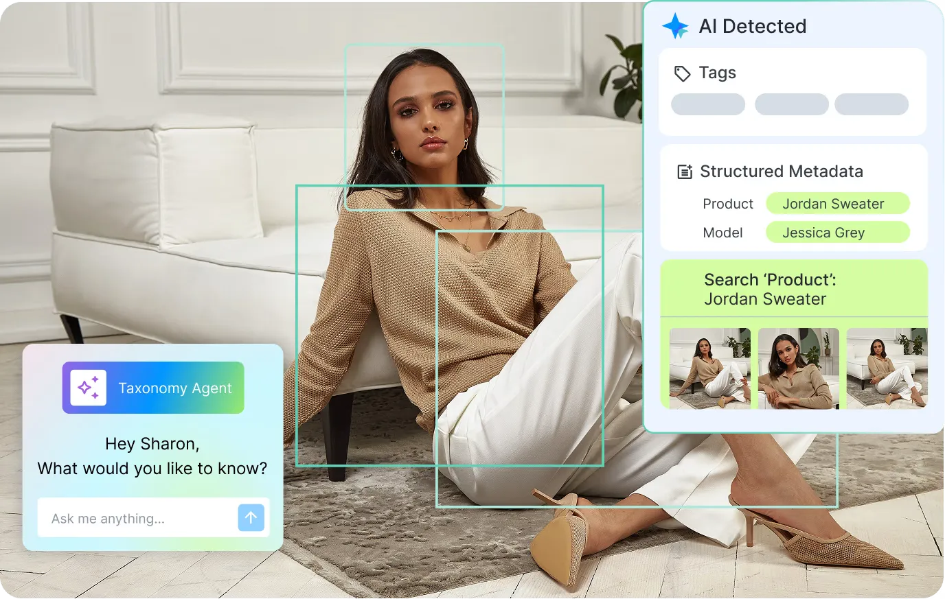 AI-detected tags and structured metadata beside a product photo, with a Taxonomy Agent chat panel and a search returning matching product shots.