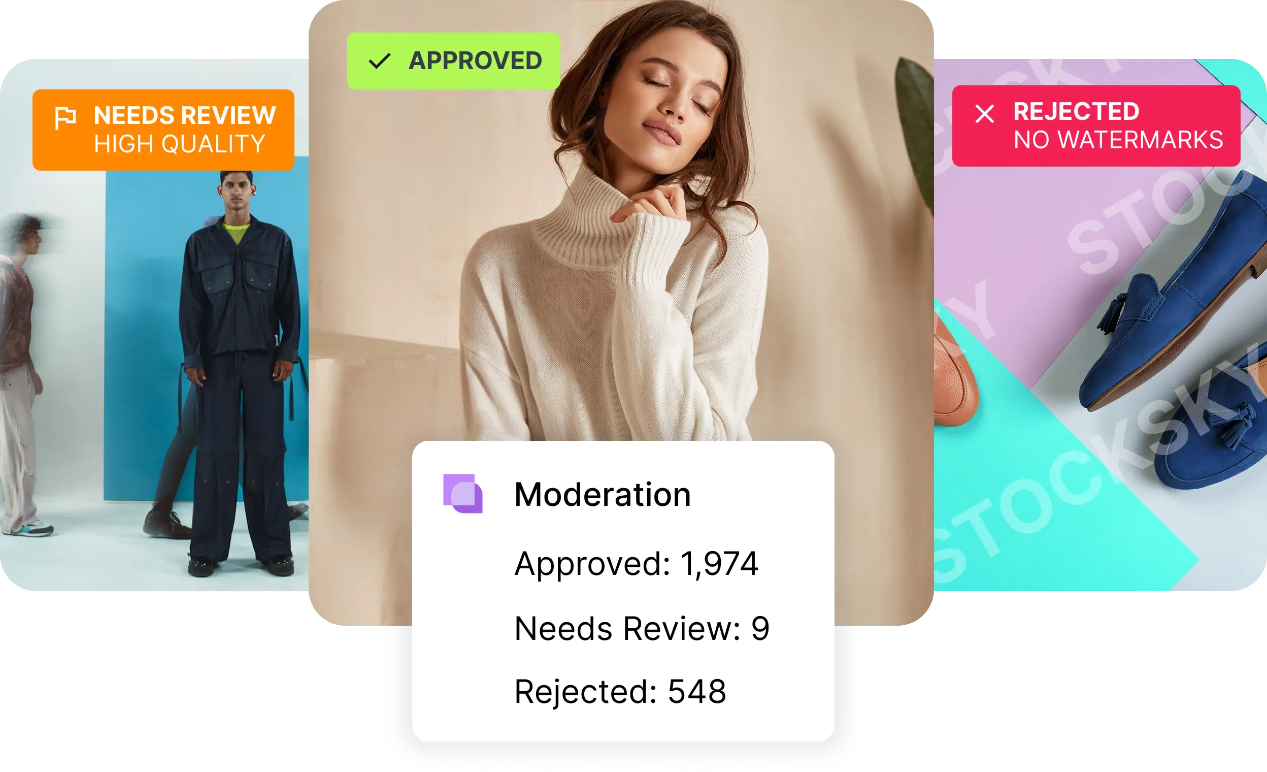 Automated moderation verdicts across three product images — approved, needs review for quality, and rejected for a stock watermark — with a running count of each outcome.