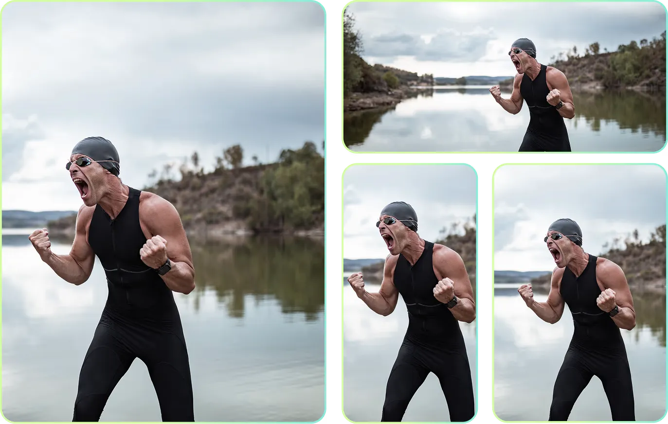 One master photograph of an athlete automatically reframed into four different aspect ratios, each keeping the subject correctly composed.