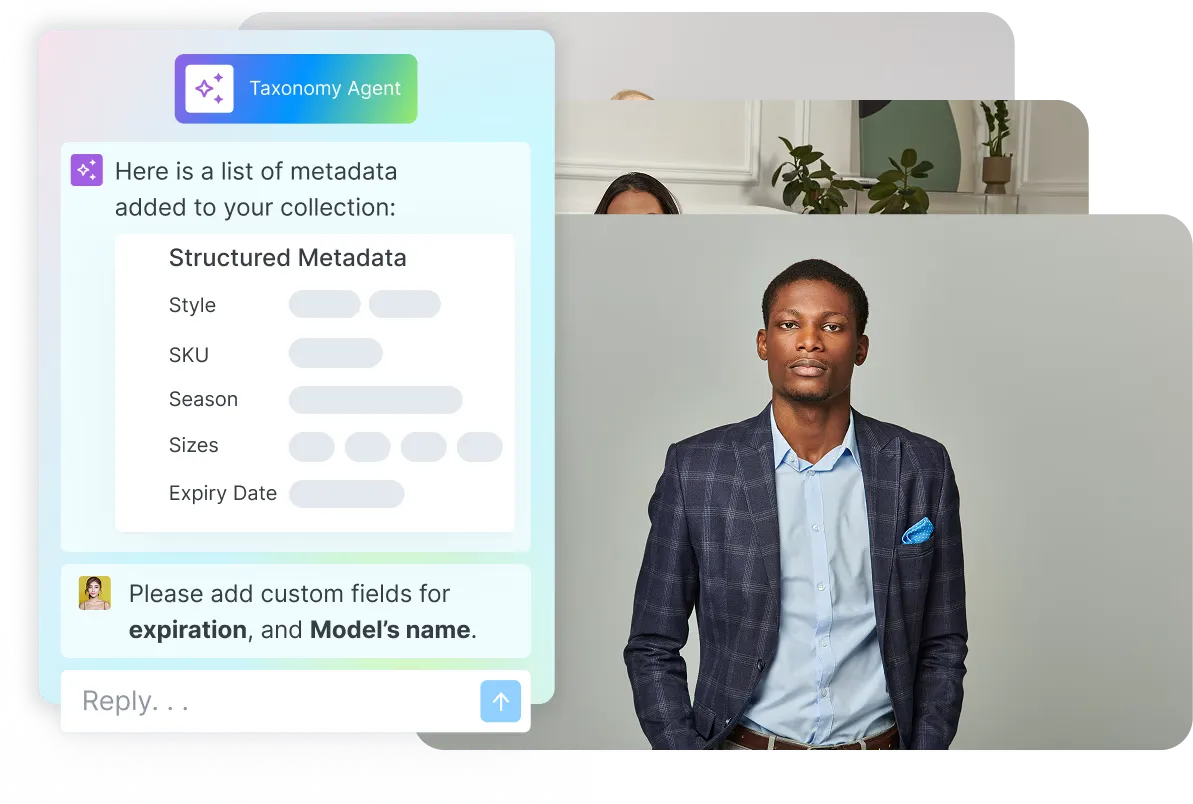 Cloudinary Taxonomy Agent proposing structured metadata fields — style, SKU, season, sizes, expiry date — over a fashion product photo.